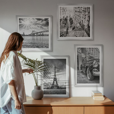 Ensemble de 4 tableaux Vues de la ville, ponts, tour eiffel, voiture