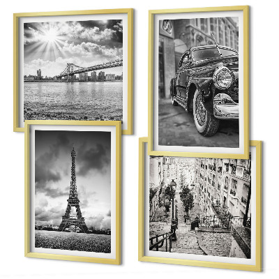 Ensemble de 4 tableaux Vues de la ville, ponts, tour eiffel, voiture