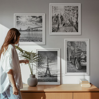 Ensemble de 4 tableaux Vues de la ville, ponts, tour eiffel, voiture
