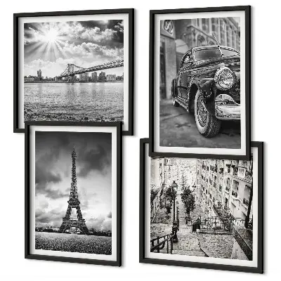 Ensemble de 4 tableaux représentant des vues de la ville, des ponts, la tour Eiffel et une voiture