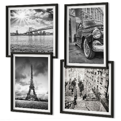 Ensemble de 4 tableaux Vues de la ville, ponts, tour eiffel, voiture
