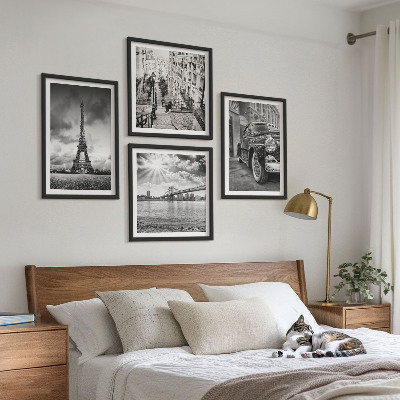 Ensemble de 4 tableaux Vues de la ville, ponts, tour eiffel, voiture