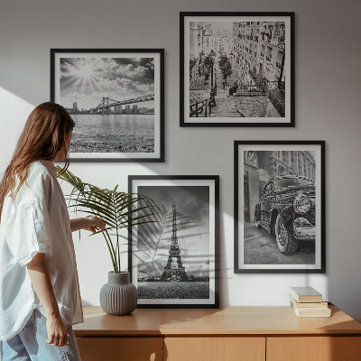 Ensemble de 4 tableaux Vues de la ville, ponts, tour eiffel, voiture