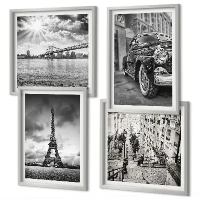 Ensemble de 4 tableaux représentant des vues de la ville, des ponts, la tour Eiffel et une voiture