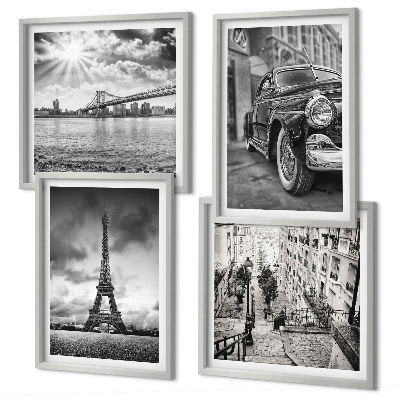 Ensemble de 4 tableaux Vues de la ville, ponts, tour eiffel, voiture