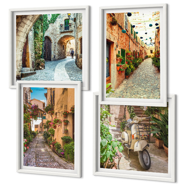 Ensemble de 4 tableaux Les charmantes rues italiennes et les fleurs