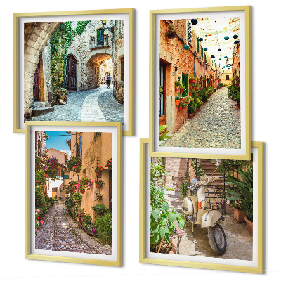 Ensemble de 4 tableaux Les charmantes rues italiennes et les fleurs