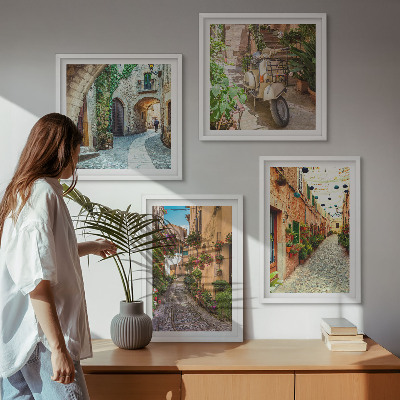 Ensemble de 4 tableaux Les charmantes rues italiennes et les fleurs