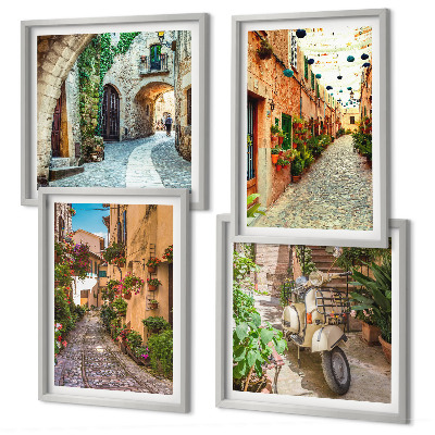 Ensemble de 4 tableaux Les charmantes rues italiennes et les fleurs