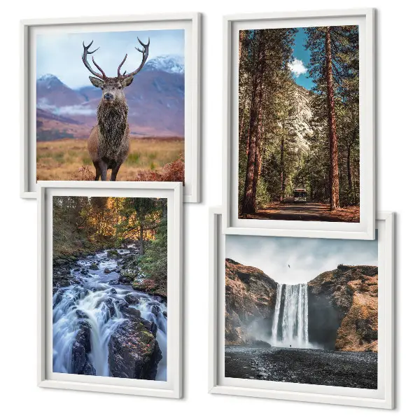Tableau polyptyque 4 cadres représentant une cascade en forêt avec des montagnes et un cerf