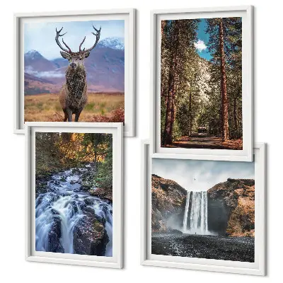 Tableau polyptyque 4 cadres représentant une cascade en forêt avec des montagnes et un cerf