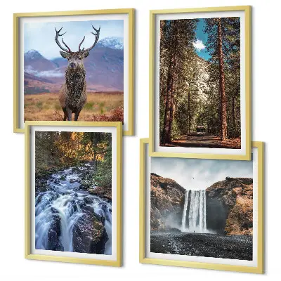 Tableau polyptyque 4 cadres représentant une cascade en forêt avec des montagnes et un cerf