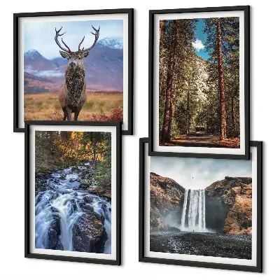 Tableau polyptyque 4 cadres représentant une cascade en forêt avec des montagnes et un cerf