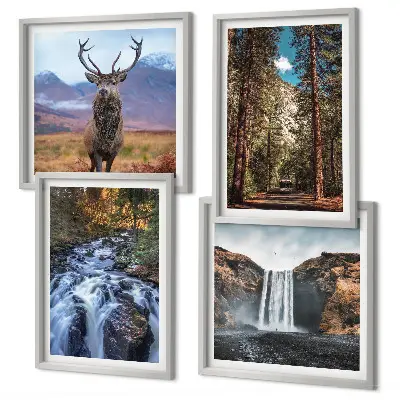 Tableau polyptyque 4 cadres représentant une cascade en forêt avec des montagnes et un cerf