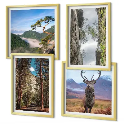 Ensemble de 4 tableaux représentant une nature sauvage avec forêt, montagnes et cerf