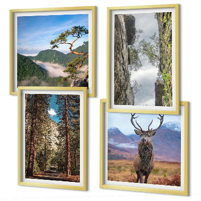 Ensemble de 4 tableaux Route forêt montagnes cerf nature