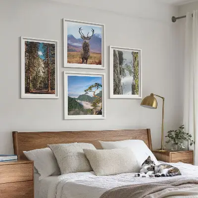 Ensemble de 4 tableaux représentant une nature sauvage avec forêt, montagnes et cerf