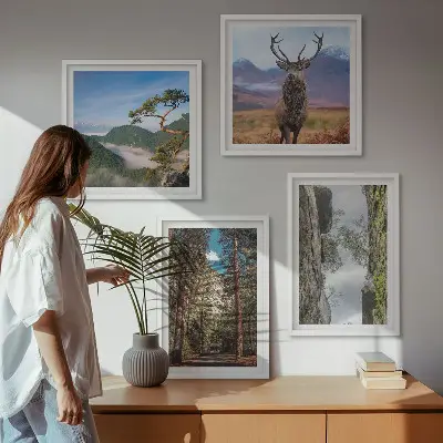 Ensemble de 4 tableaux représentant une nature sauvage avec forêt, montagnes et cerf