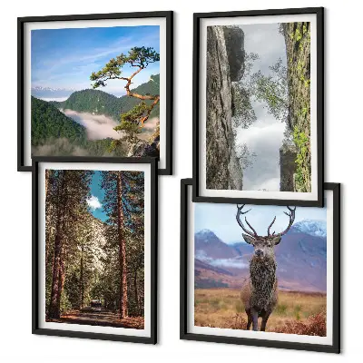 Ensemble de 4 tableaux représentant une nature sauvage avec forêt, montagnes et cerf
