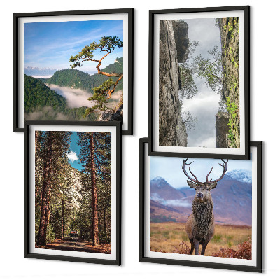 Ensemble de 4 tableaux Route forêt montagnes cerf nature