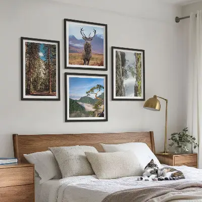 Ensemble de 4 tableaux représentant une nature sauvage avec forêt, montagnes et cerf