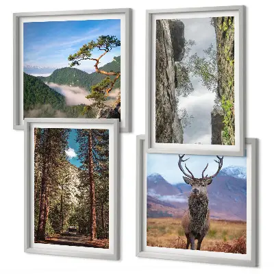 Ensemble de 4 tableaux représentant une nature sauvage avec forêt, montagnes et cerf