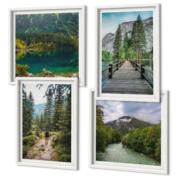 Mur de tableaux ensemble d'affiches montagnes, lacs, forêts et sentiers