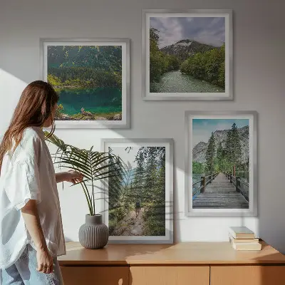 Mur de tableaux ensemble d'affiches montagnes, lacs, forêts et sentiers