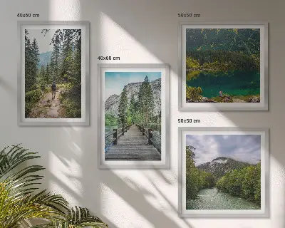 Mur de tableaux ensemble d'affiches montagnes, lacs, forêts et sentiers