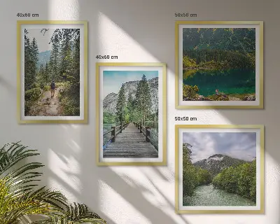 Mur de tableaux ensemble d'affiches montagnes, lacs, forêts et sentiers