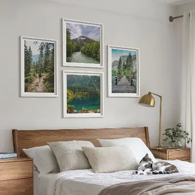 Mur de tableaux ensemble d'affiches montagnes, lacs, forêts et sentiers