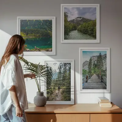 Mur de tableaux ensemble d'affiches montagnes, lacs, forêts et sentiers