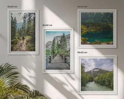 Mur de tableaux ensemble d'affiches montagnes, lacs, forêts et sentiers