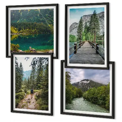 Mur de tableaux ensemble d'affiches montagnes, lacs, forêts et sentiers