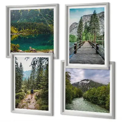 Mur de tableaux ensemble d'affiches montagnes, lacs, forêts et sentiers