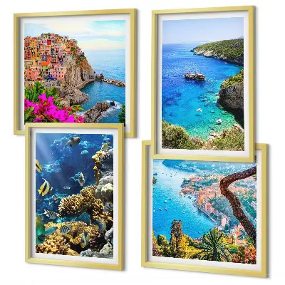 Ensemble de 4 tableaux vues sur la mer avec des maisons colorées