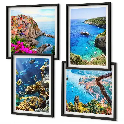 Ensemble de 4 tableaux vues sur la mer avec des maisons colorées