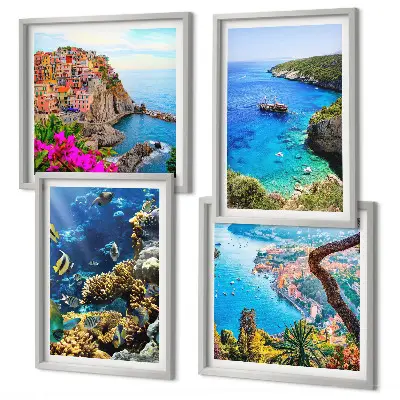 Ensemble de 4 tableaux vues sur la mer avec des maisons colorées