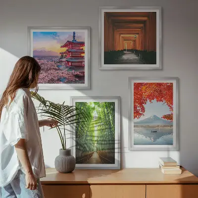 Mur de tableaux forêt de bambous, mont Fuji et torii japonais