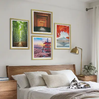 Mur de tableaux forêt de bambous, mont Fuji et torii japonais