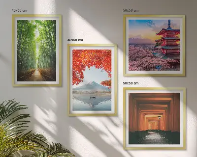 Mur de tableaux forêt de bambous, mont Fuji et torii japonais