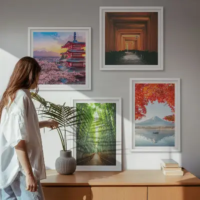 Mur de tableaux forêt de bambous, mont Fuji et torii japonais