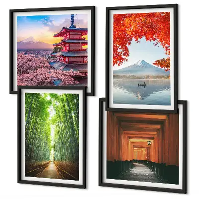 Mur de tableaux forêt de bambous, mont Fuji et torii japonais