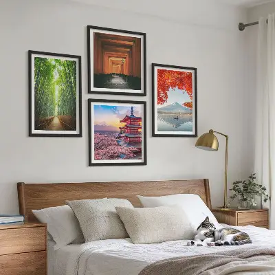 Mur de tableaux forêt de bambous, mont Fuji et torii japonais