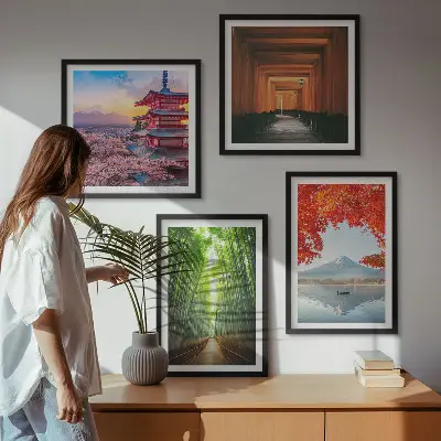 Mur de tableaux forêt de bambous, mont Fuji et torii japonais