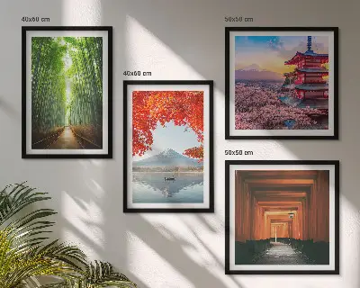Mur de tableaux forêt de bambous, mont Fuji et torii japonais