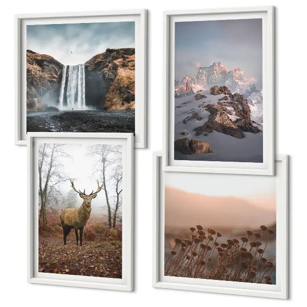 Ensemble de 4 tableaux représentant des paysages sauvages avec des montagnes et des cerfs