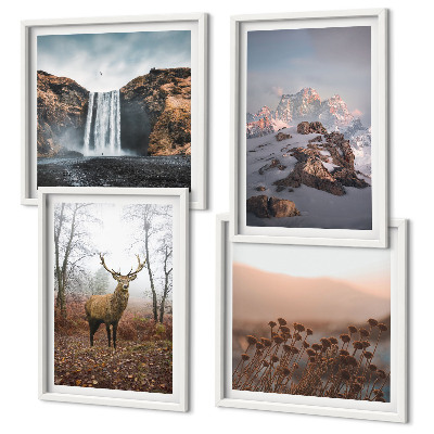 Ensemble de 4 tableaux Paysages sauvages, montagnes, cerfs