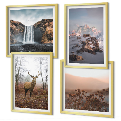 Ensemble de 4 tableaux Paysages sauvages, montagnes, cerfs
