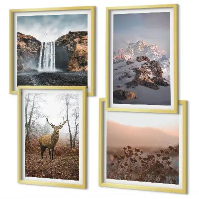 Ensemble de 4 tableaux représentant des paysages sauvages avec des montagnes et des cerfs